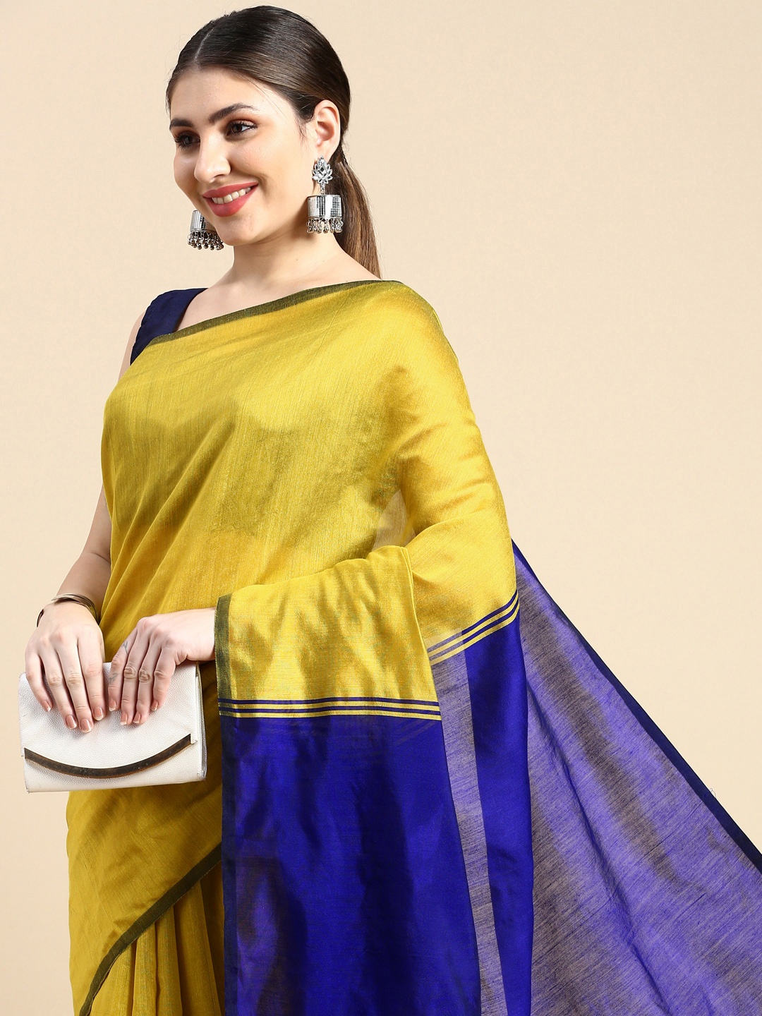 

DESH BIDESH Ghicha Cotton Colourblocked Saree, Olive