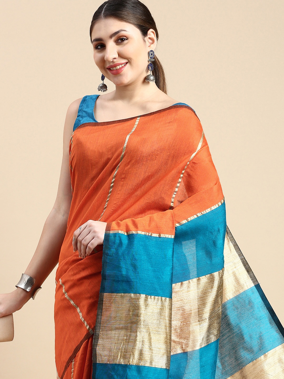 

DESH BIDESH Ghicha Striped Cotton Silk Saree, Orange