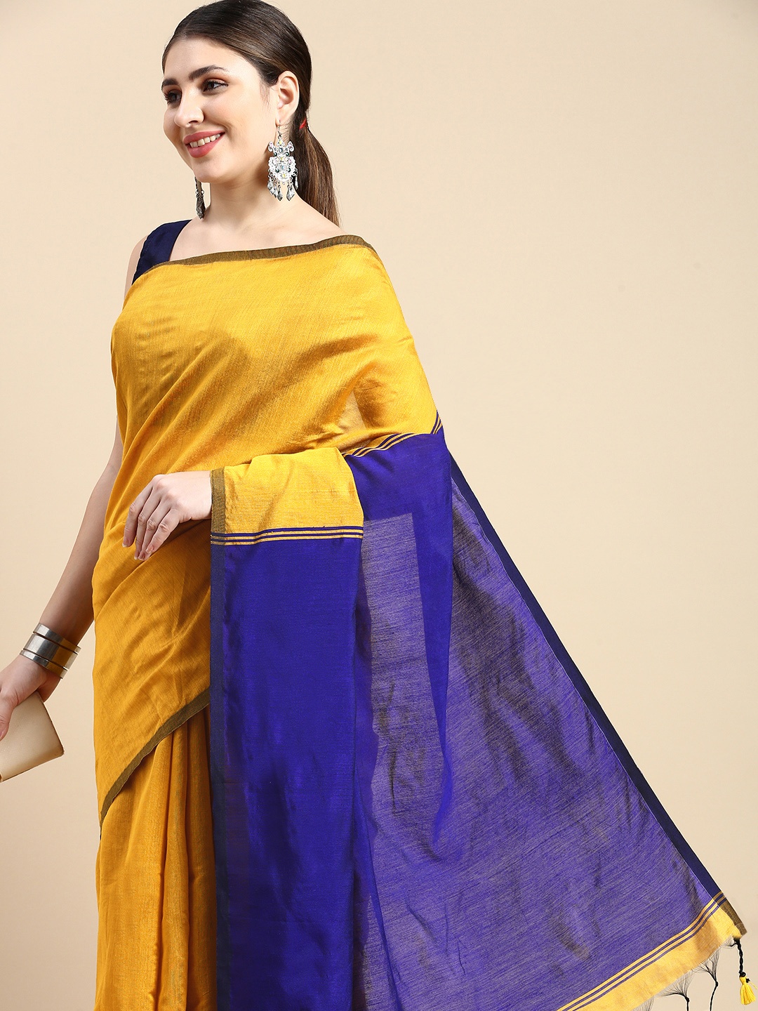

DESH BIDESH Ghicha Cotton Colourblocked Saree, Mustard
