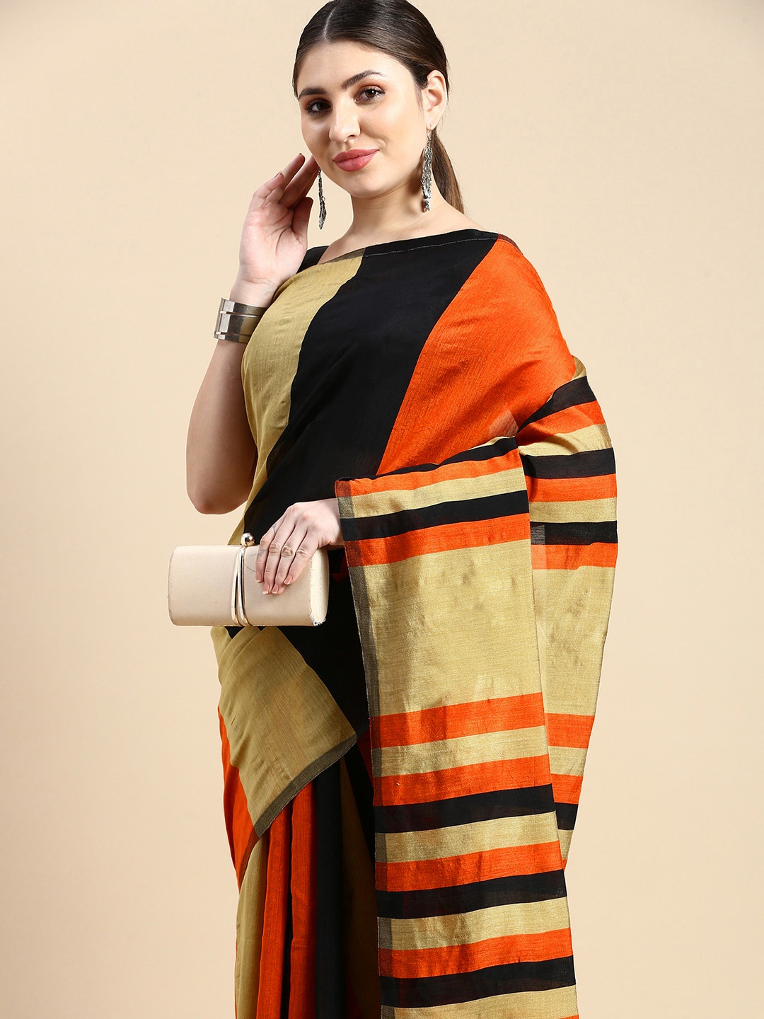

DESH BIDESH Ghicha Cotton Striped Saree, Orange