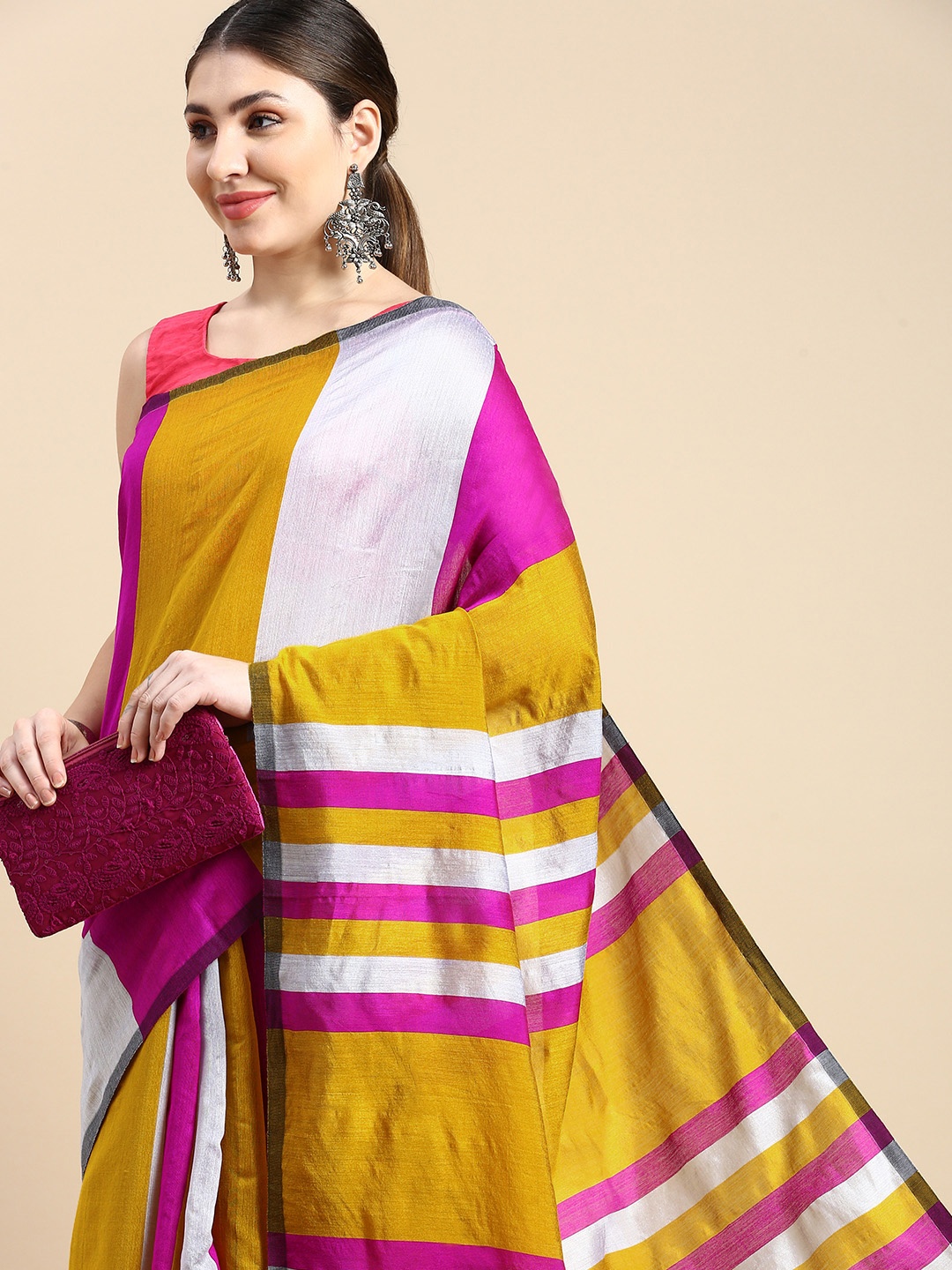 

DESH BIDESH Ghicha Cotton Striped Saree, Orange