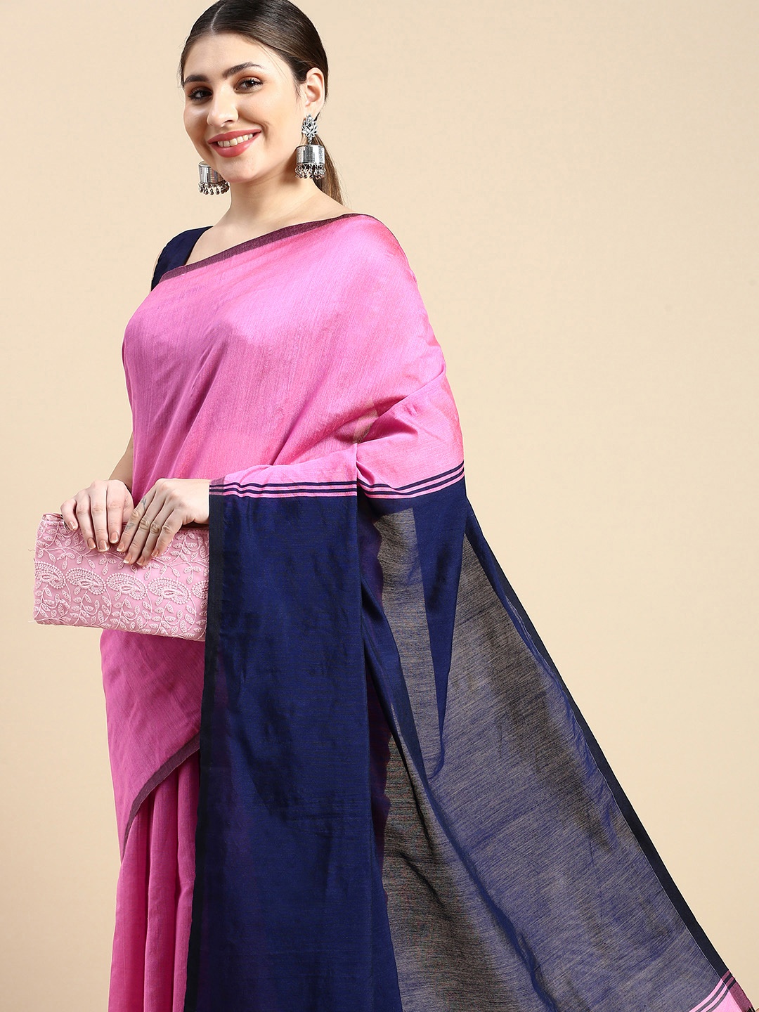 

DESH BIDESH Ghicha Cotton Colourblocked Saree, Blue