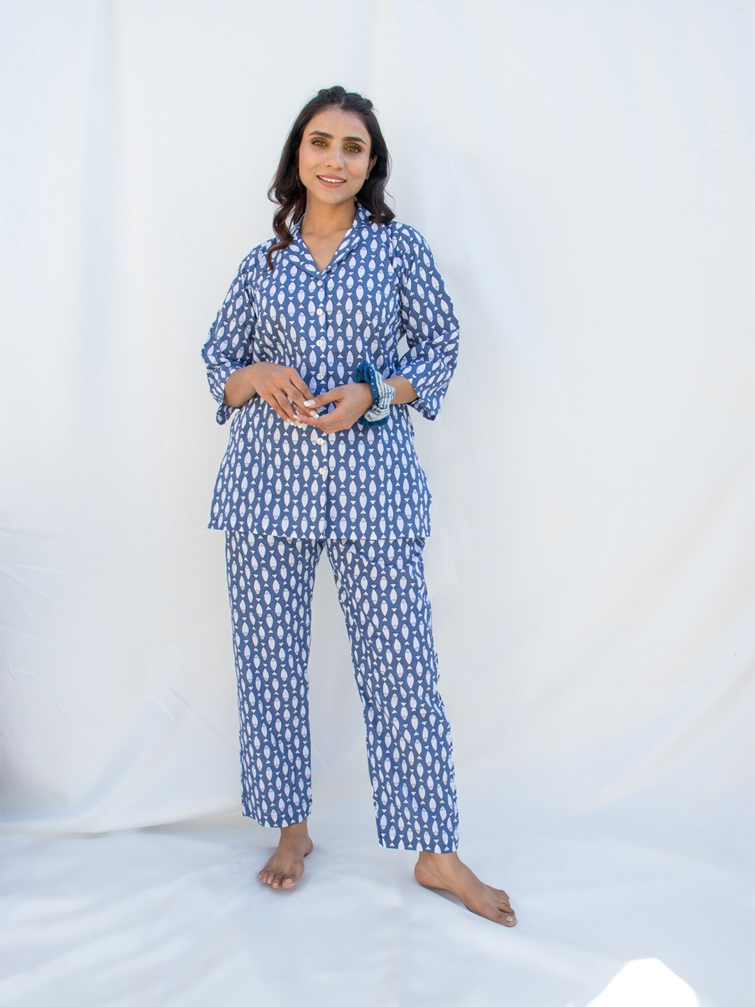 

Zanaash Ethnic Motifs Printed Organic Cotton Night suit, White