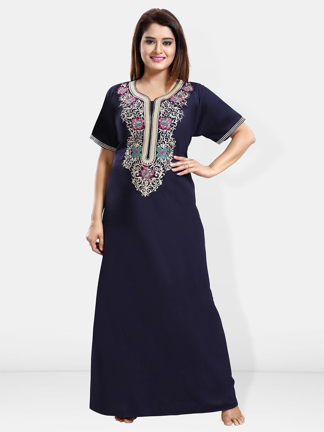 

Be You Ethnic Motifs Embroidered Maxi Nightdress, Navy blue