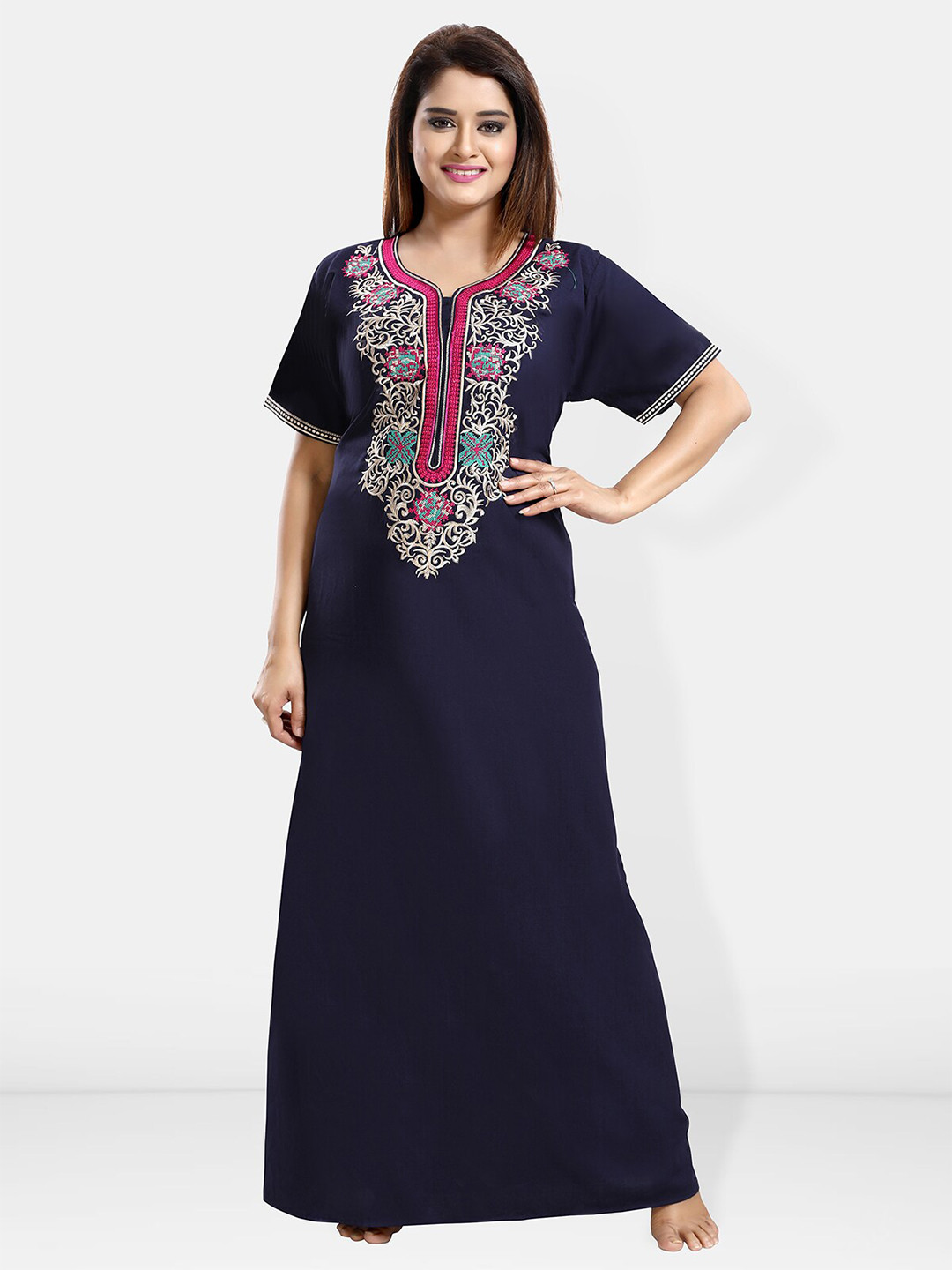 

Be You Ethnic Motifs Embroidered Maxi Nightdress, Navy blue
