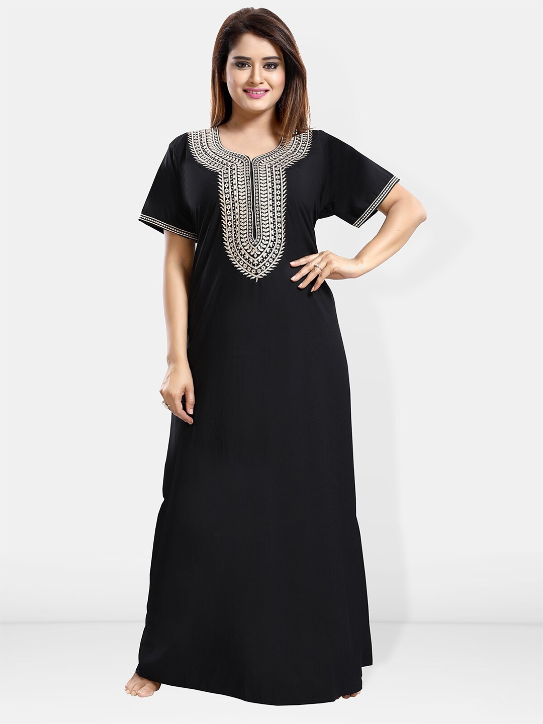 

Be You Ethnic Motifs Embroidered Maxi Nightdress, Black