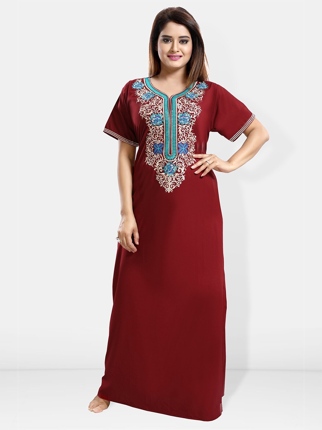 

Be You Ethnic Motifs Embroidered Maxi Nightdress, Maroon