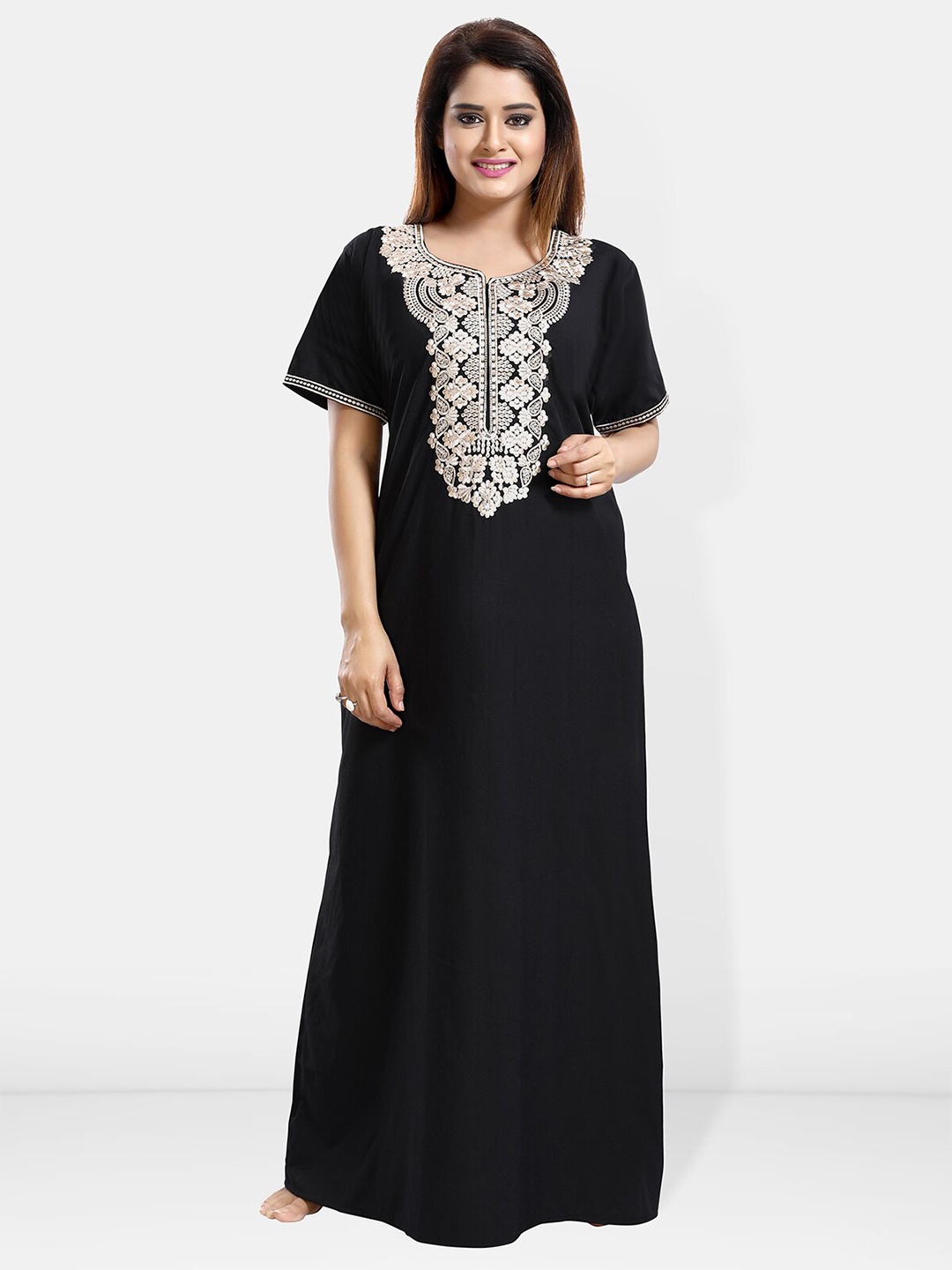 

Be You Ethnic Motifs Embroidered Maxi Nightdress, Black