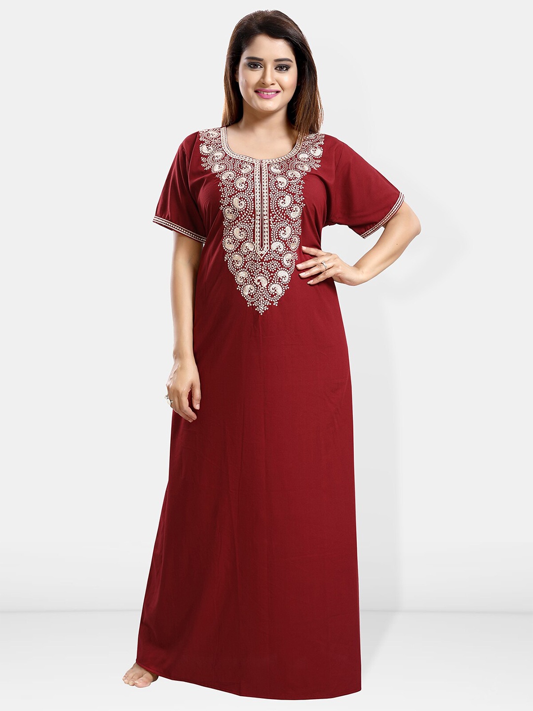 

Be You Embroidered Yoke Design Maxi Nightdress, Maroon