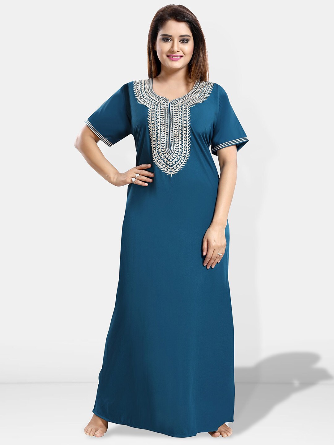 

Be You Ethnic Motifs Embroidered Maxi Nightdress, Teal