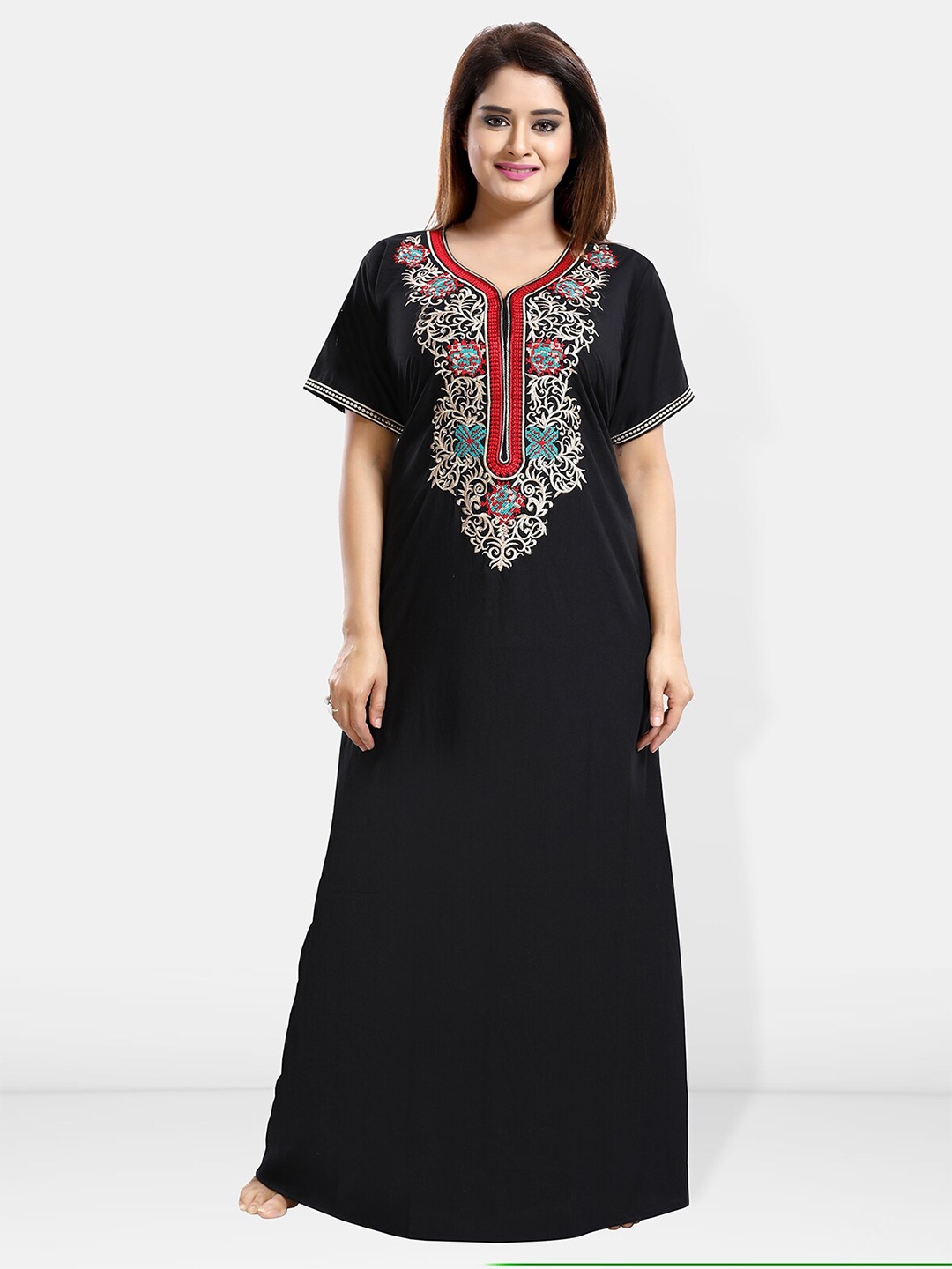 

Be You Ethnic Motifs Embroidered Maxi Nightdress, Black