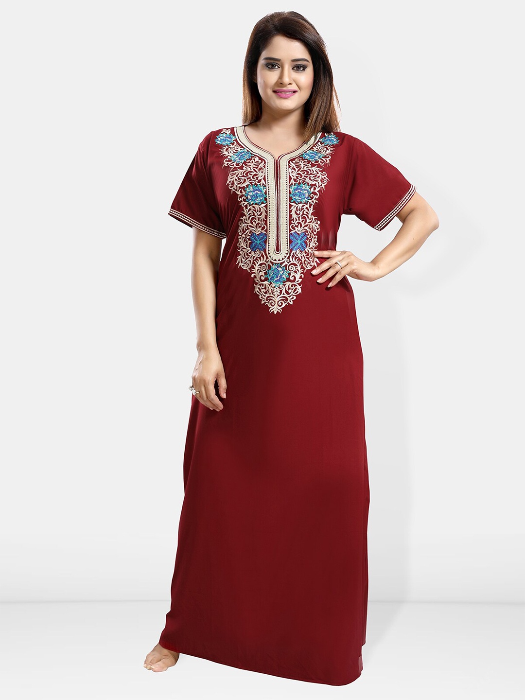 

Be You Ethnic Motifs Embroidered Maxi Nightdress, Maroon