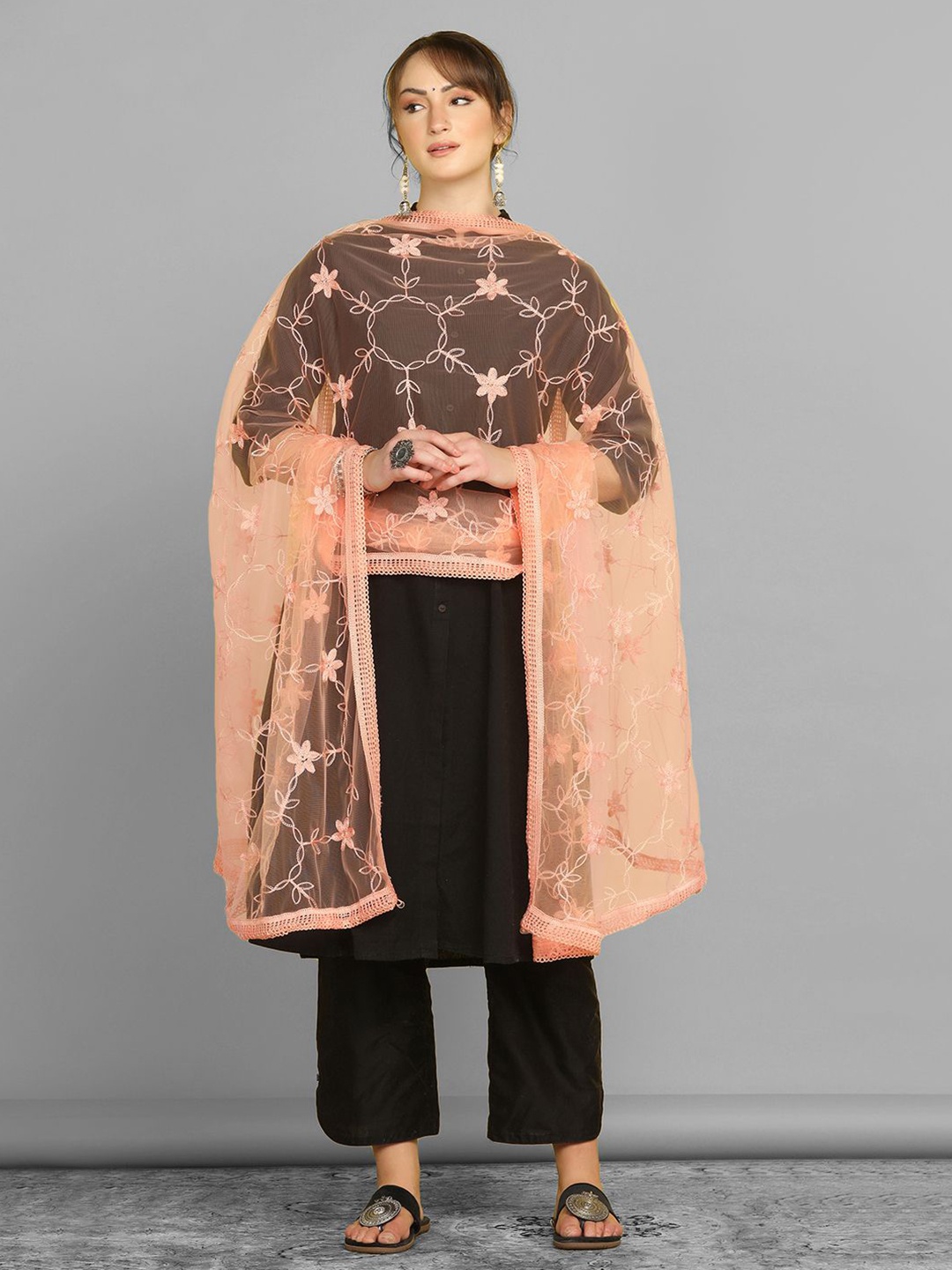 

KALINI Embroidered Dupatta with Thread Work, Orange