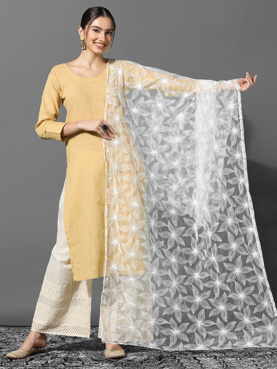 

KALINI Embroidered Dupatta with Thread Work, White