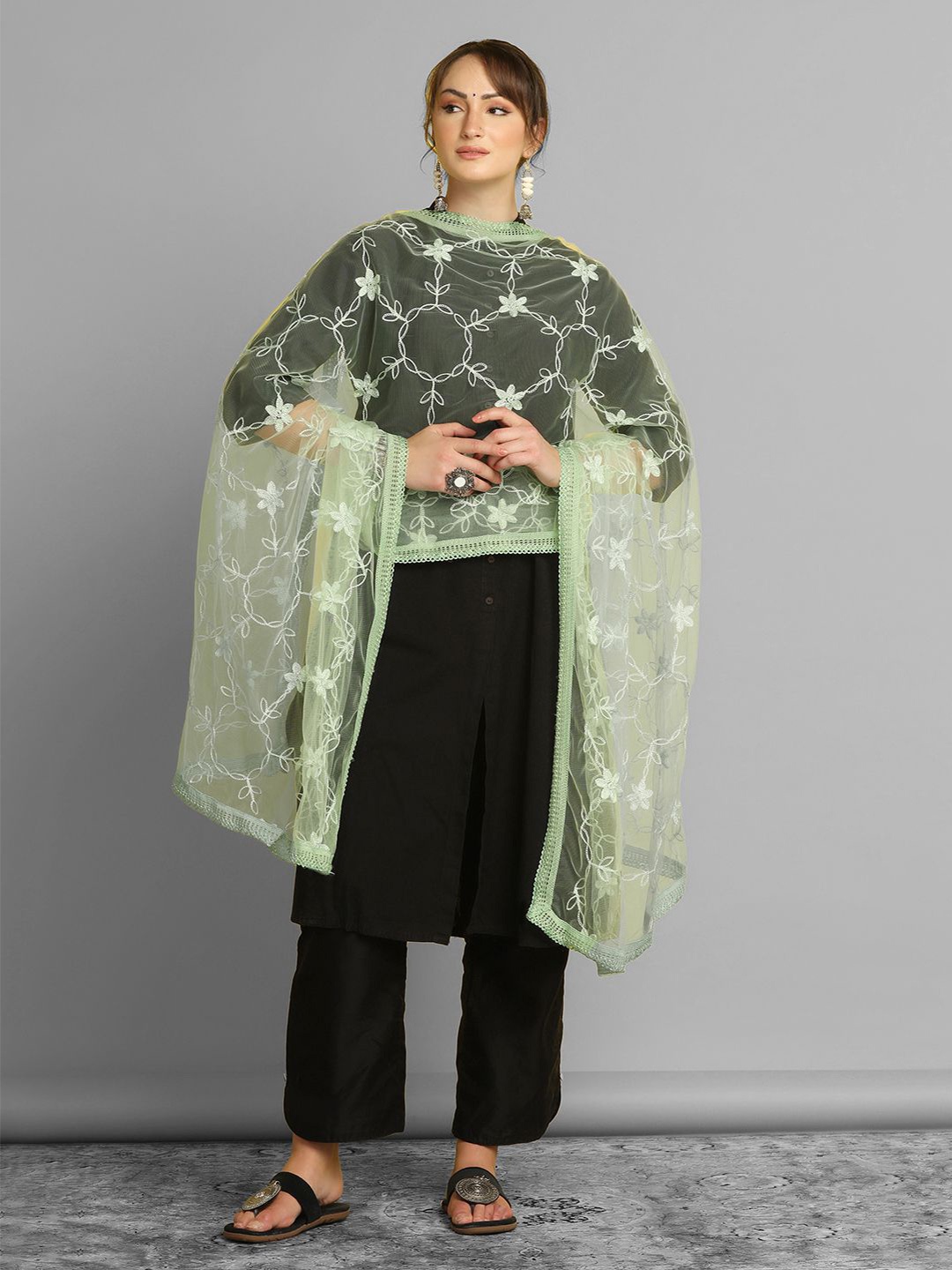 

KALINI Embroidered Dupatta With Thread Work, Lime green