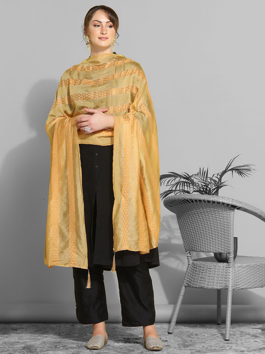 

KALINI Woven Design Cotton Silk Dupatta With Zari, Cream