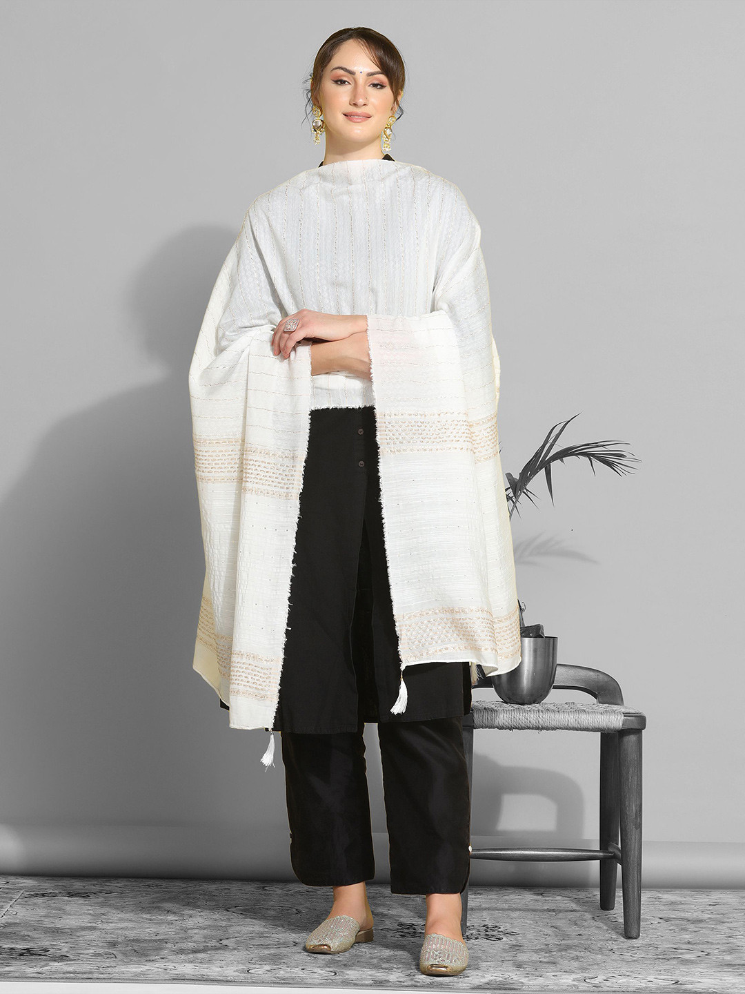

KALINI Striped Cotton Silk Dupatta With Sequinned, White