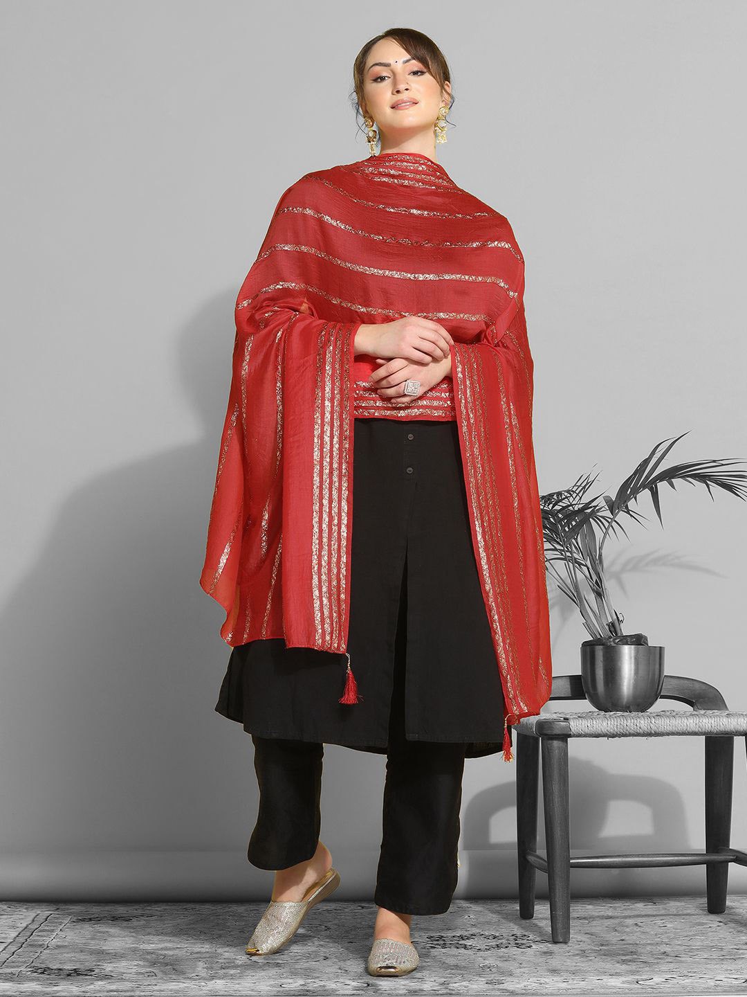 

KALINI Striped Cotton Silk Dupatta With Zari, Red