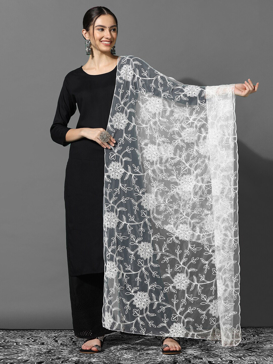 

KALINI Floral Embroidered Thread Work Net Dupatta, Off white