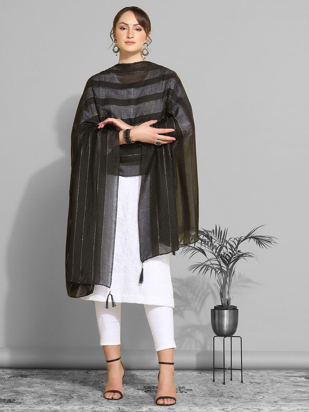 

KALINI Striped Zari Cotton Silk Dupatta, Black