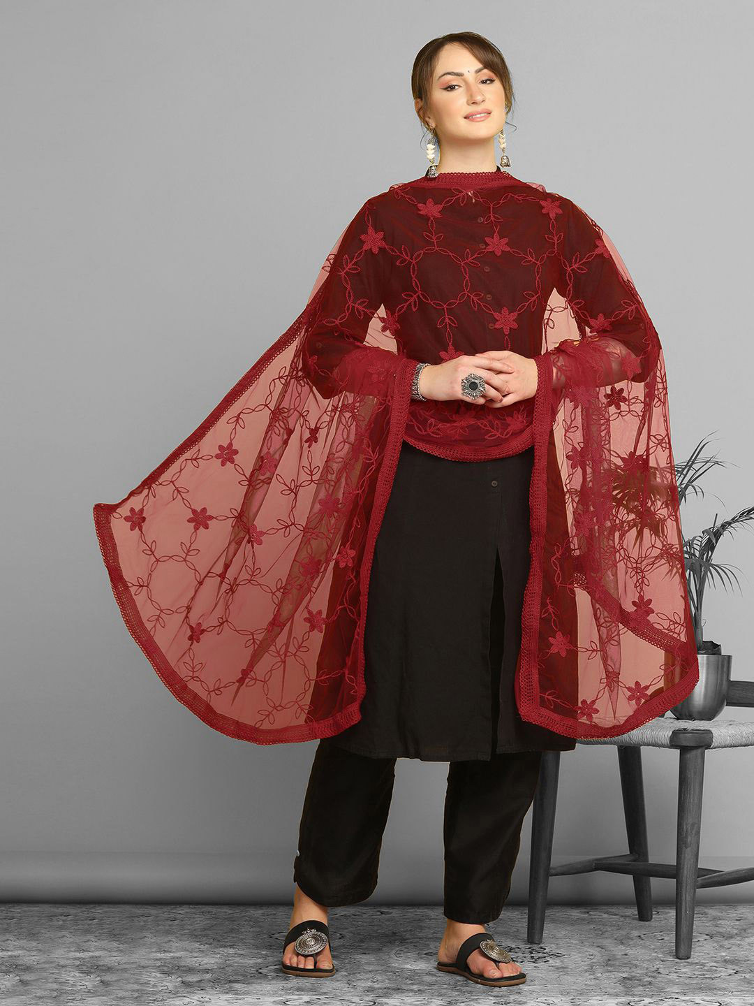

KALINI Floral Embroidered Net Dupatta With Thread Work, Maroon