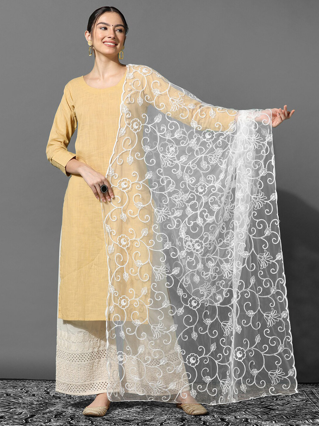 

KALINI Floral Embroidered Thread Work Net Dupatta, Off white