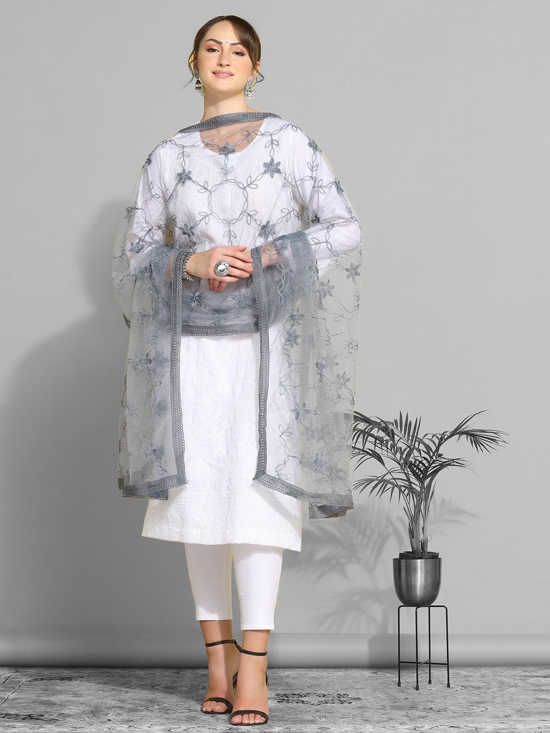 

KALINI Embroidered Net Dupatta With Thread Work, Grey