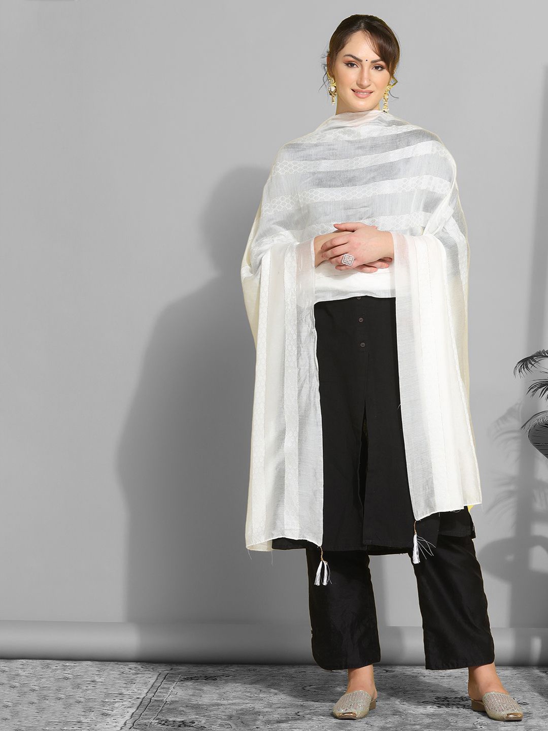 

KALINI Woven Design Cotton Silk Dupatta, White