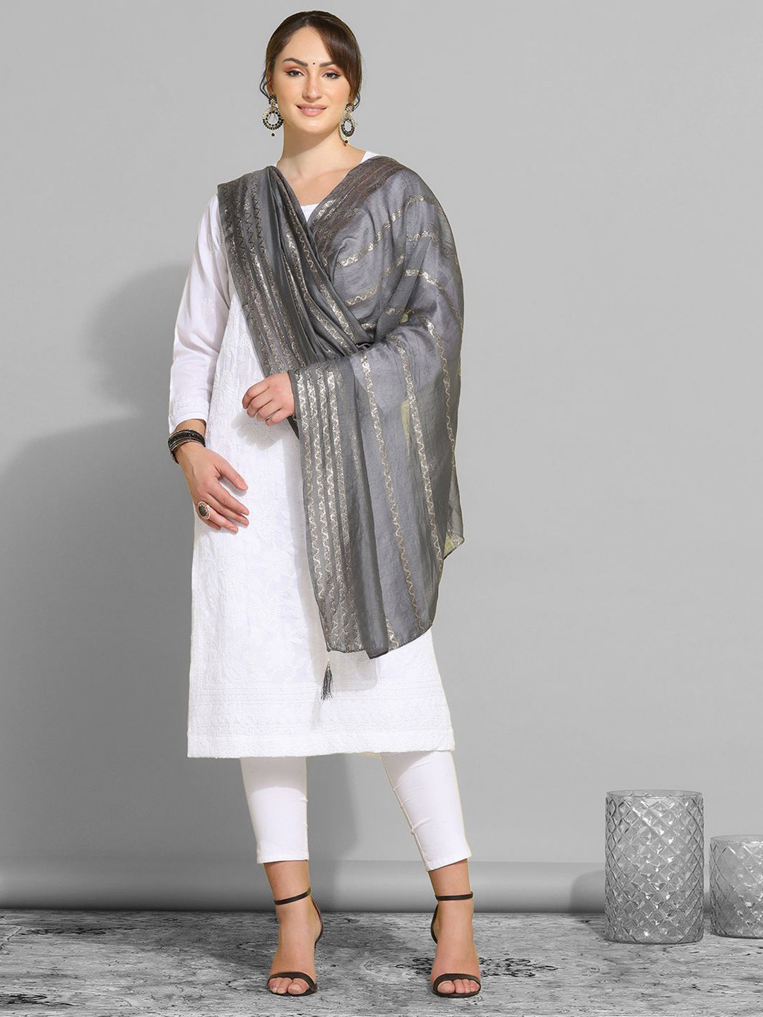 

KALINI Woven Design Zari Cotton Silk Dupatta, Grey