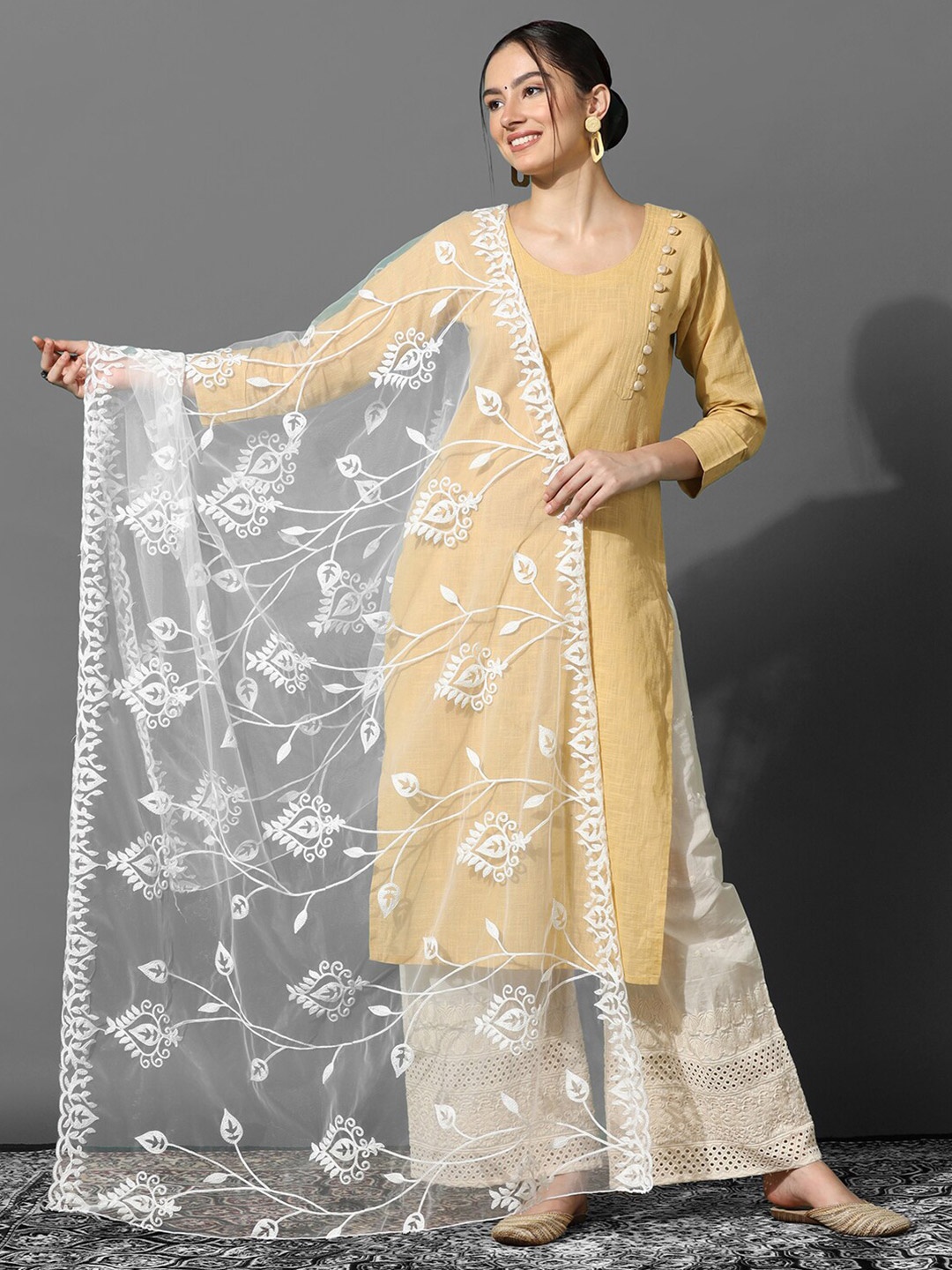

KALINI Floral Embroidered Thread Work Net Dupatta, Off white