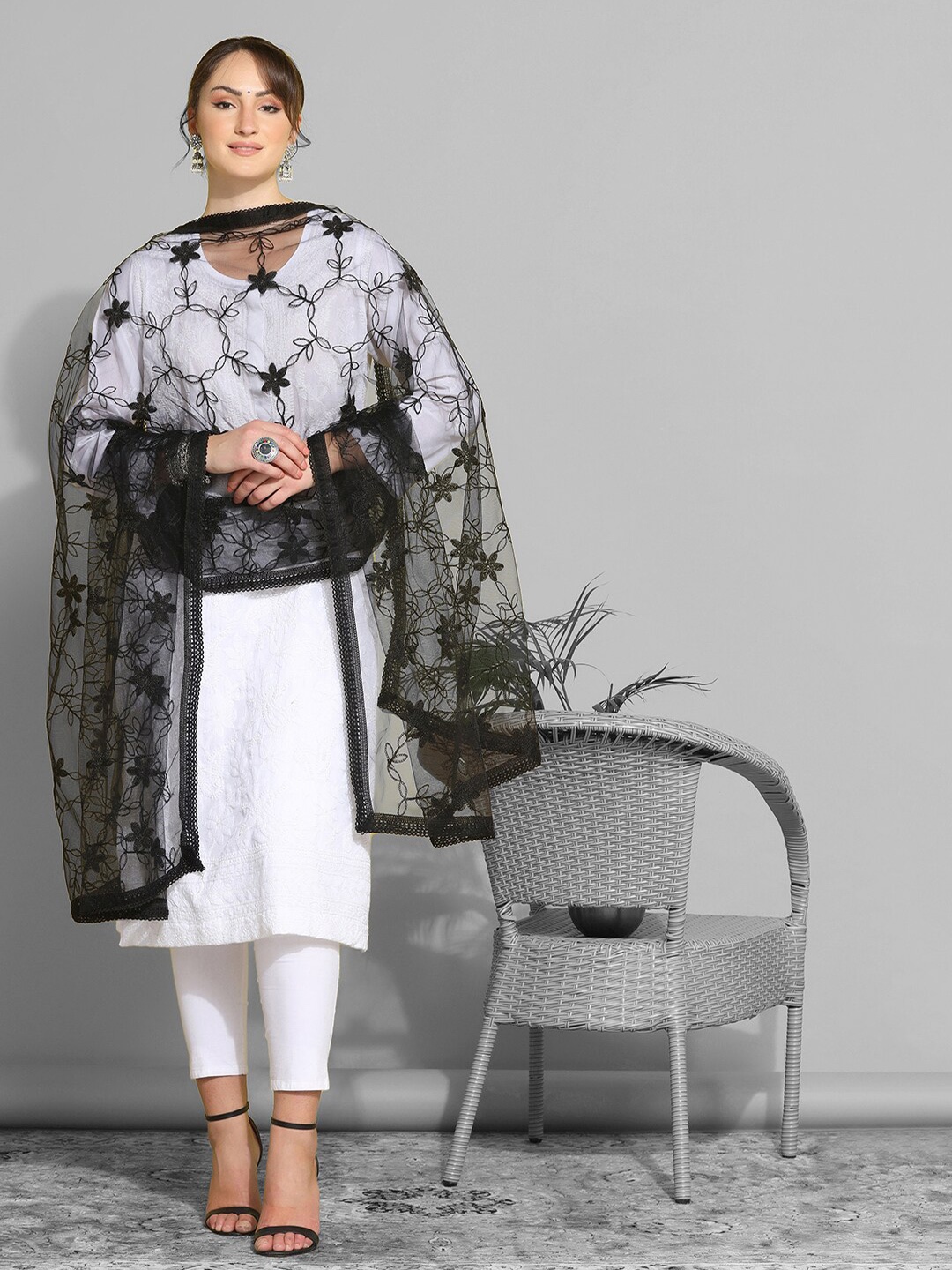 

KALINI Embroidered Net Dupatta With Thread Work, Black