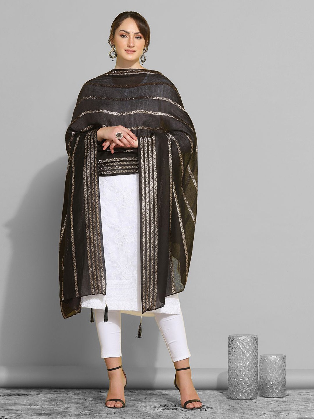 

KALINI Striped Cotton Silk Dupatta, Black
