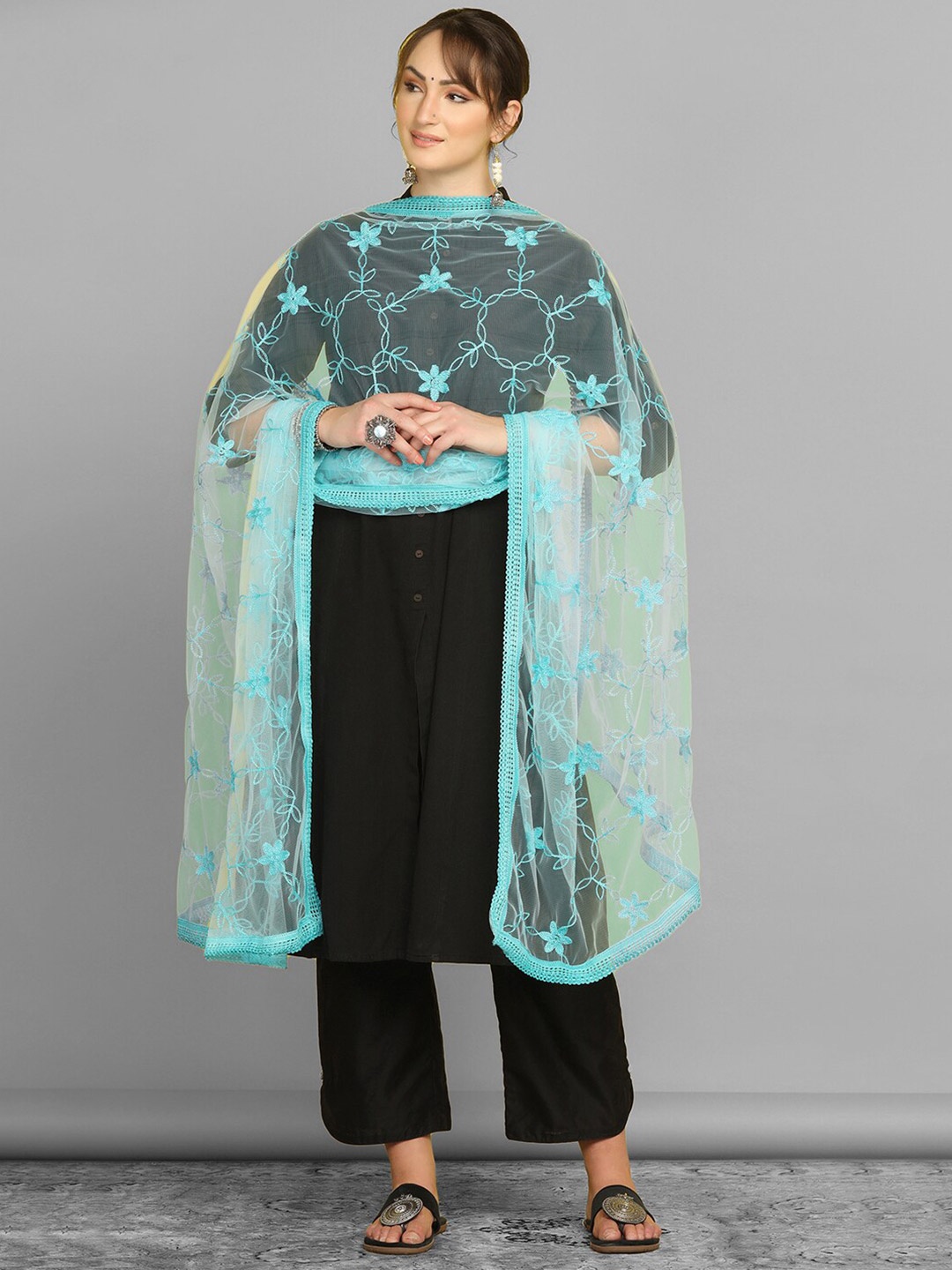 

KALINI Floral Embroidered Lace Detail Net Dupatta, Turquoise blue