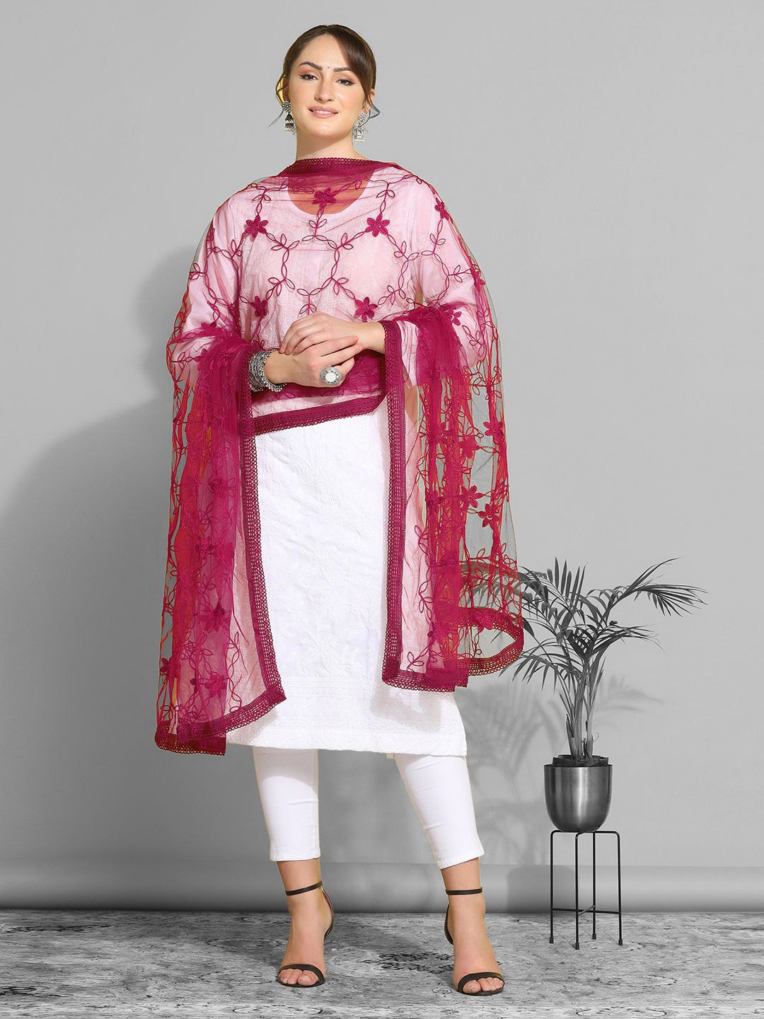 

KALINI Floral Embroidered Thread Work Net Dupatta, Red