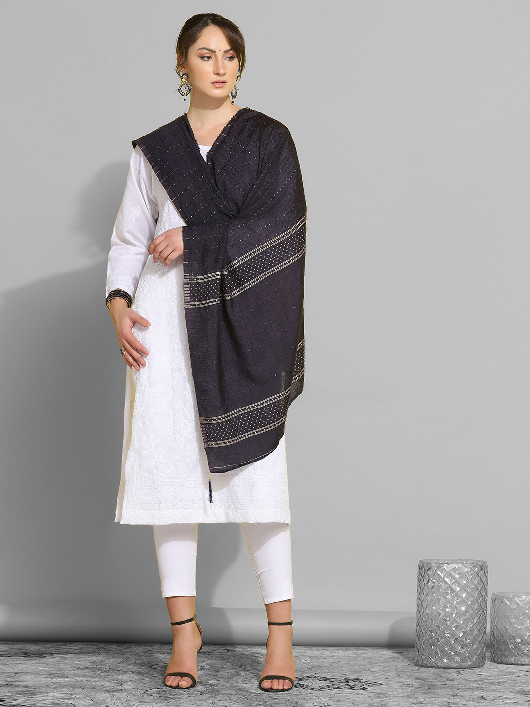 

KALINI Striped Woven Design Sequinned Cotton Silk Dupatta, Blue