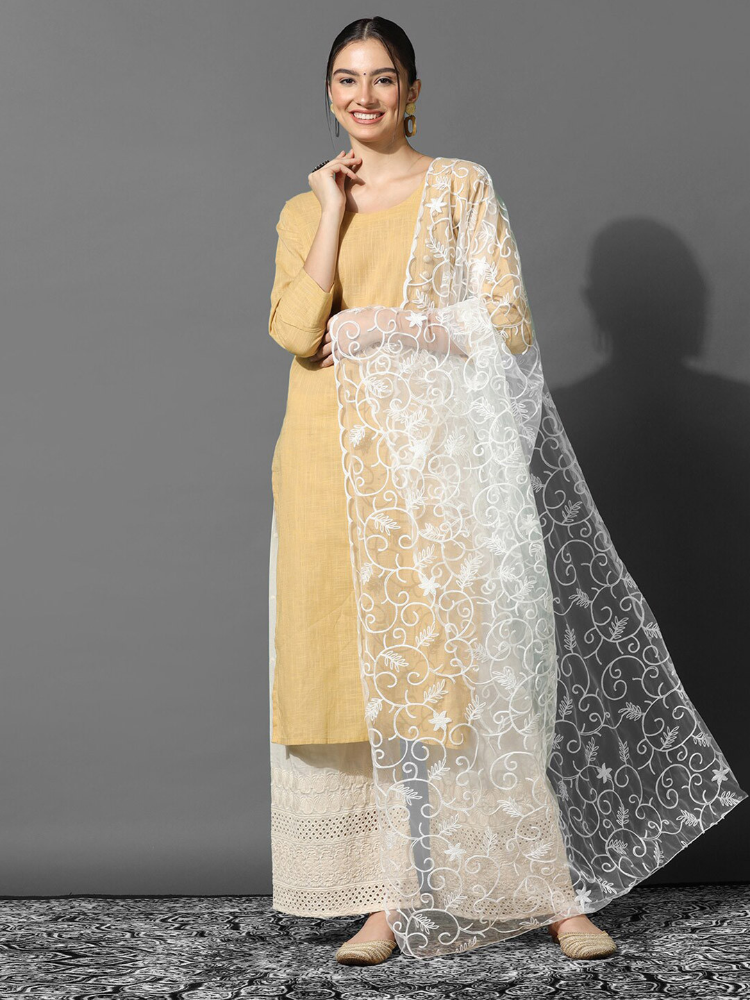 

KALINI Floral Embroidered Thread Work Net Dupatta, Off white