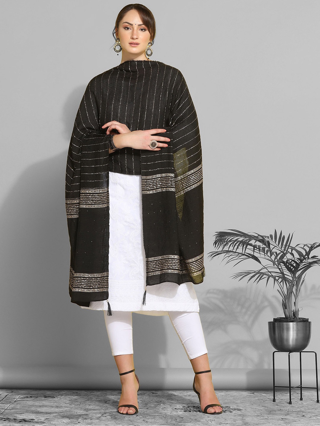 

KALINI Woven Design Zari Cotton Silk Dupatta, Black