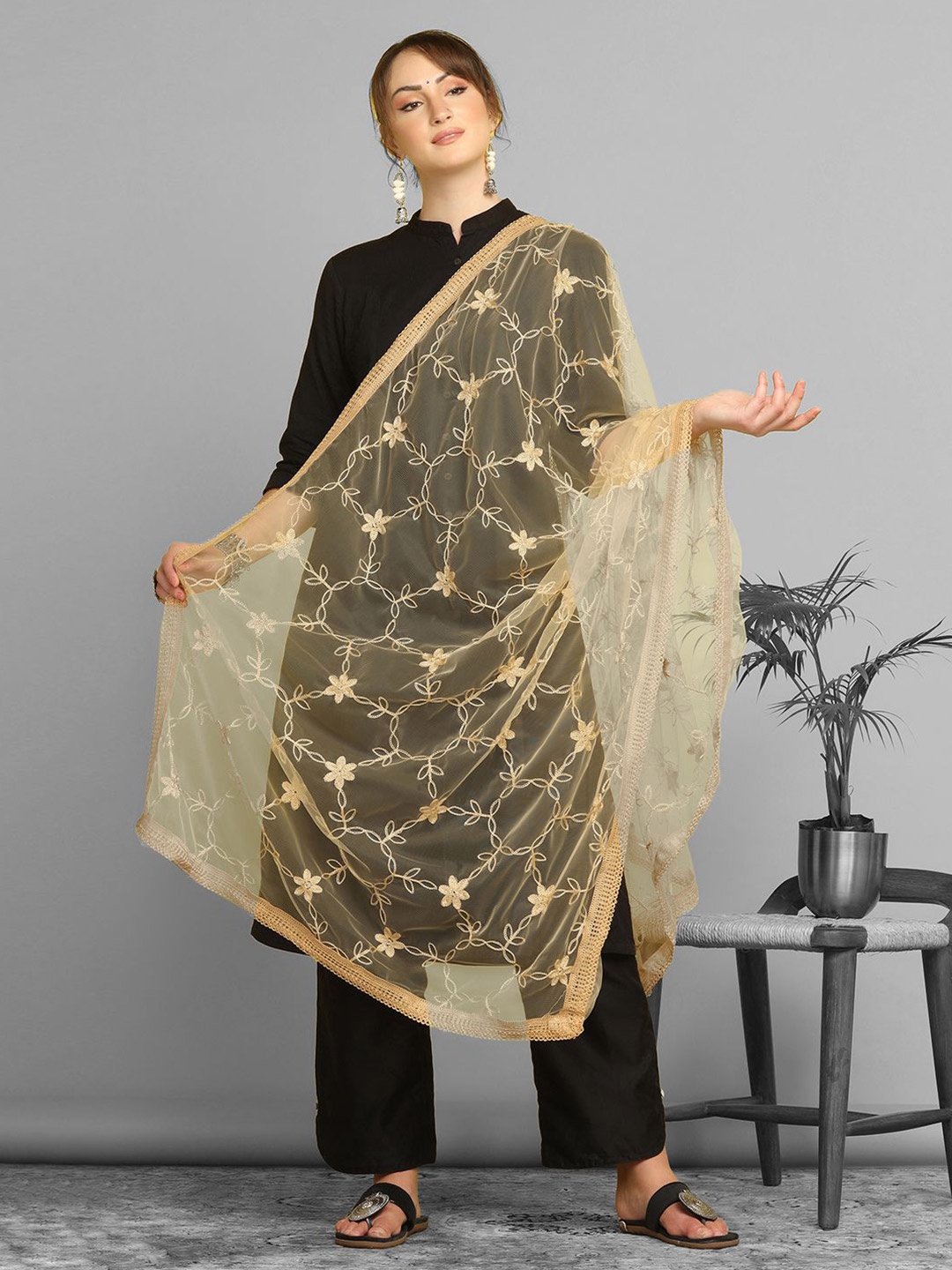 

KALINI Floral Embroidered Thread Work Net Dupatta, Cream