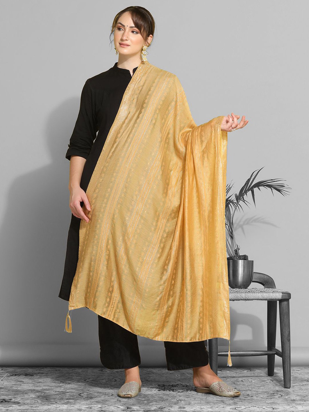 

KALINI Woven Design Zari Cotton Silk Dupatta, Cream