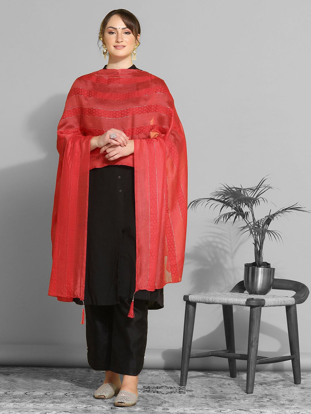 

KALINI Floral Woven Design Thread Work Cotton Silk Dupatta, Red