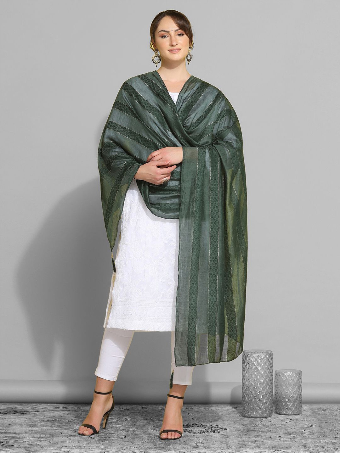 

KALINI Woven Design Cotton Silk Dupatta With Thread Work, Green