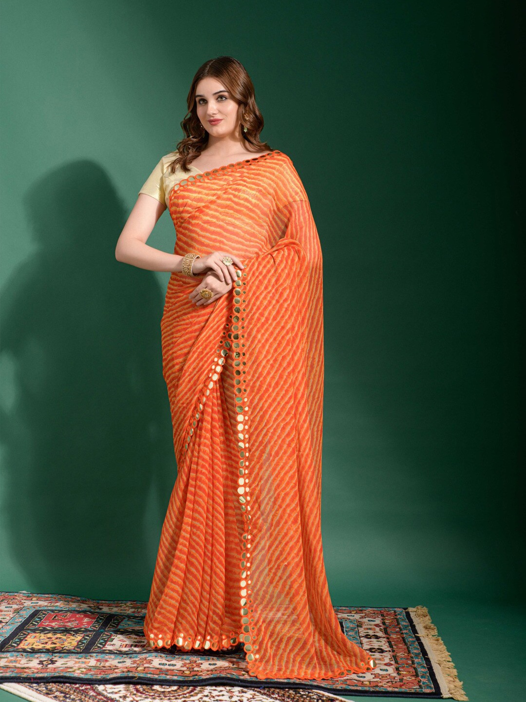 

GAJARAI Orange & Yellow Leheriya Mirror Work Poly Chiffon Leheriya Saree