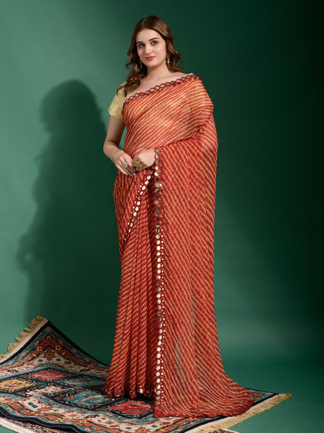 

GAJARAI Brown & Yellow Leheriya Mirror Work Poly Chiffon Leheriya Saree