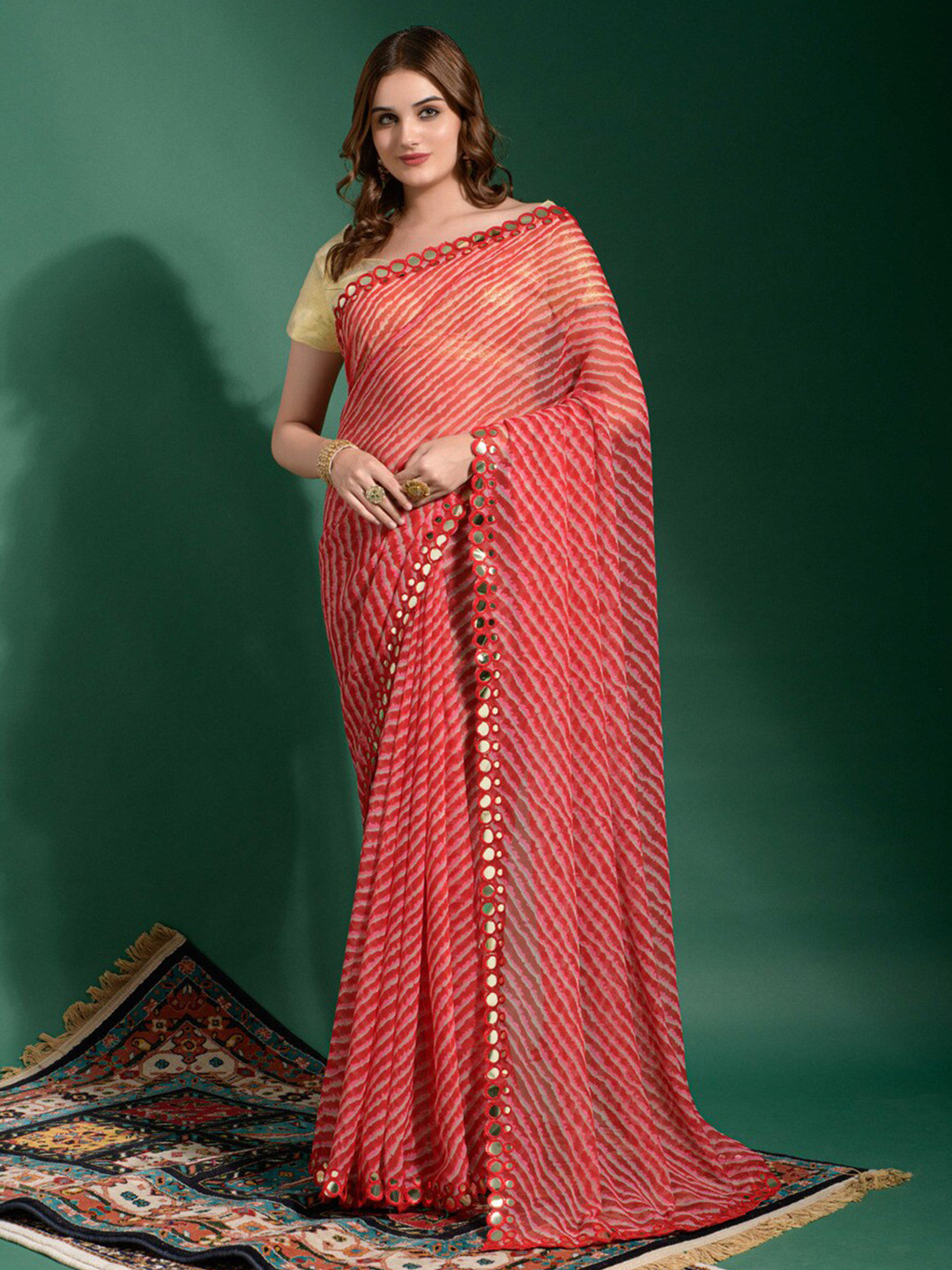 

GAJARAI Red & Yellow Leheriya Mirror Work Poly Chiffon Leheriya Saree