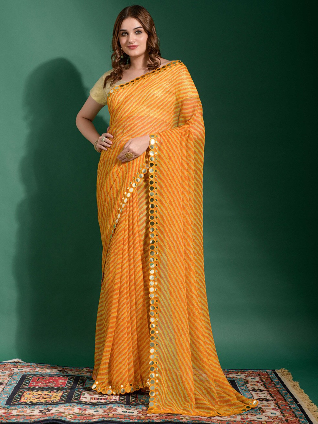 GAJARAI Leheriya Printed Mirror Work Saree, Yellow