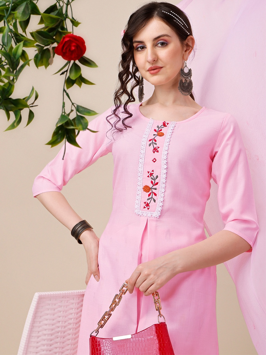 

KALINI Floral Yoke Design Thread Work Kurta With Trousers & Dupatta, Pink