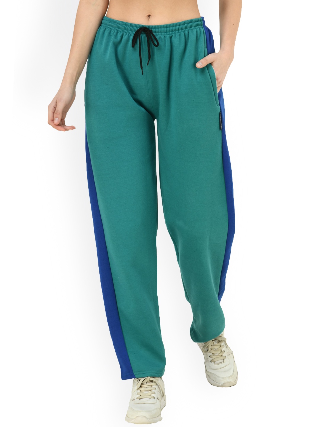 

IndiWeaves Women Side Panel Detailed Fleece Track Pants, Green