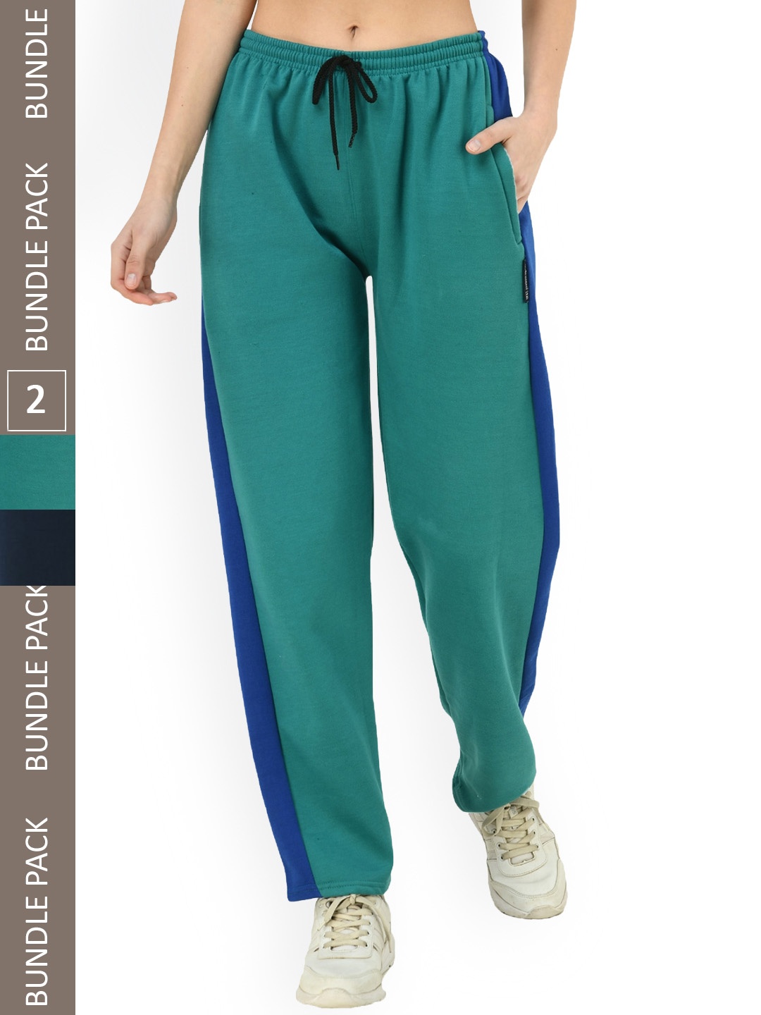 

IndiWeaves Women Pack of 2 Side Panel Detailed Fleece Track Pants, Green