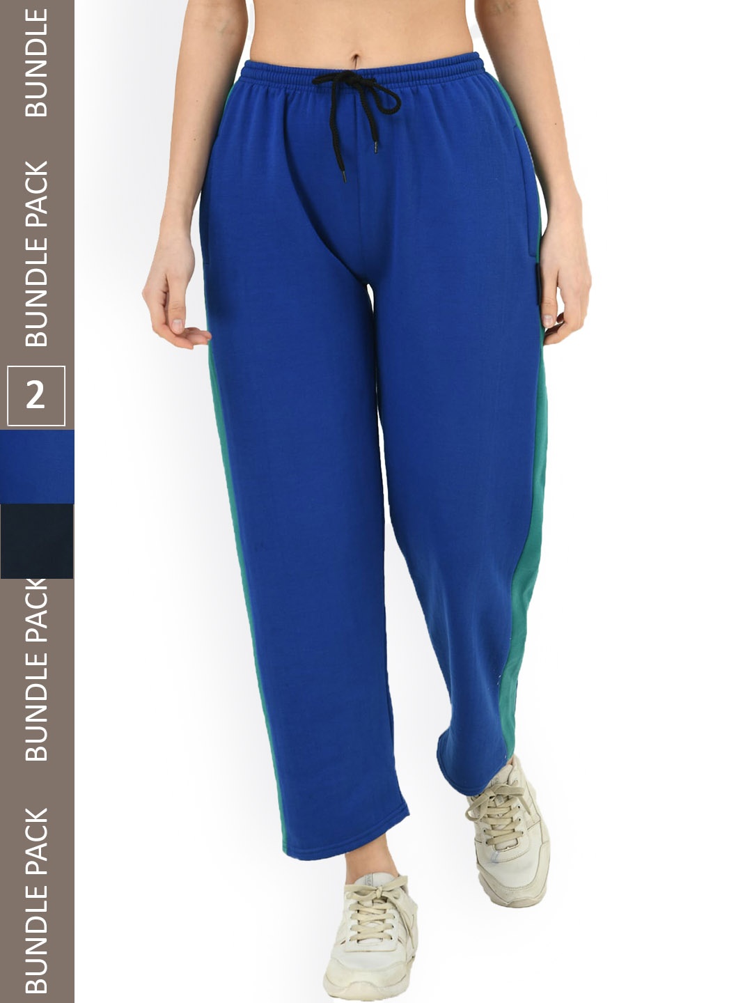 

IndiWeaves Women Pack of 2 Side Panel Detailed Fleece Track Pants, Blue