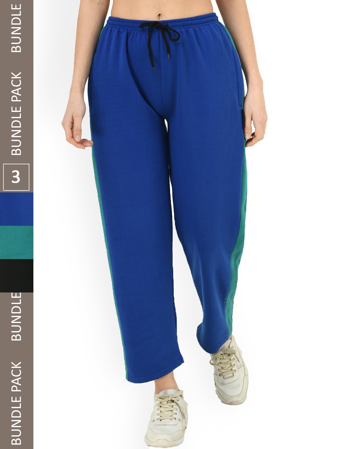 

IndiWeaves Women Pack Of 3 Mid-Rise Fleece Track Pants, Blue